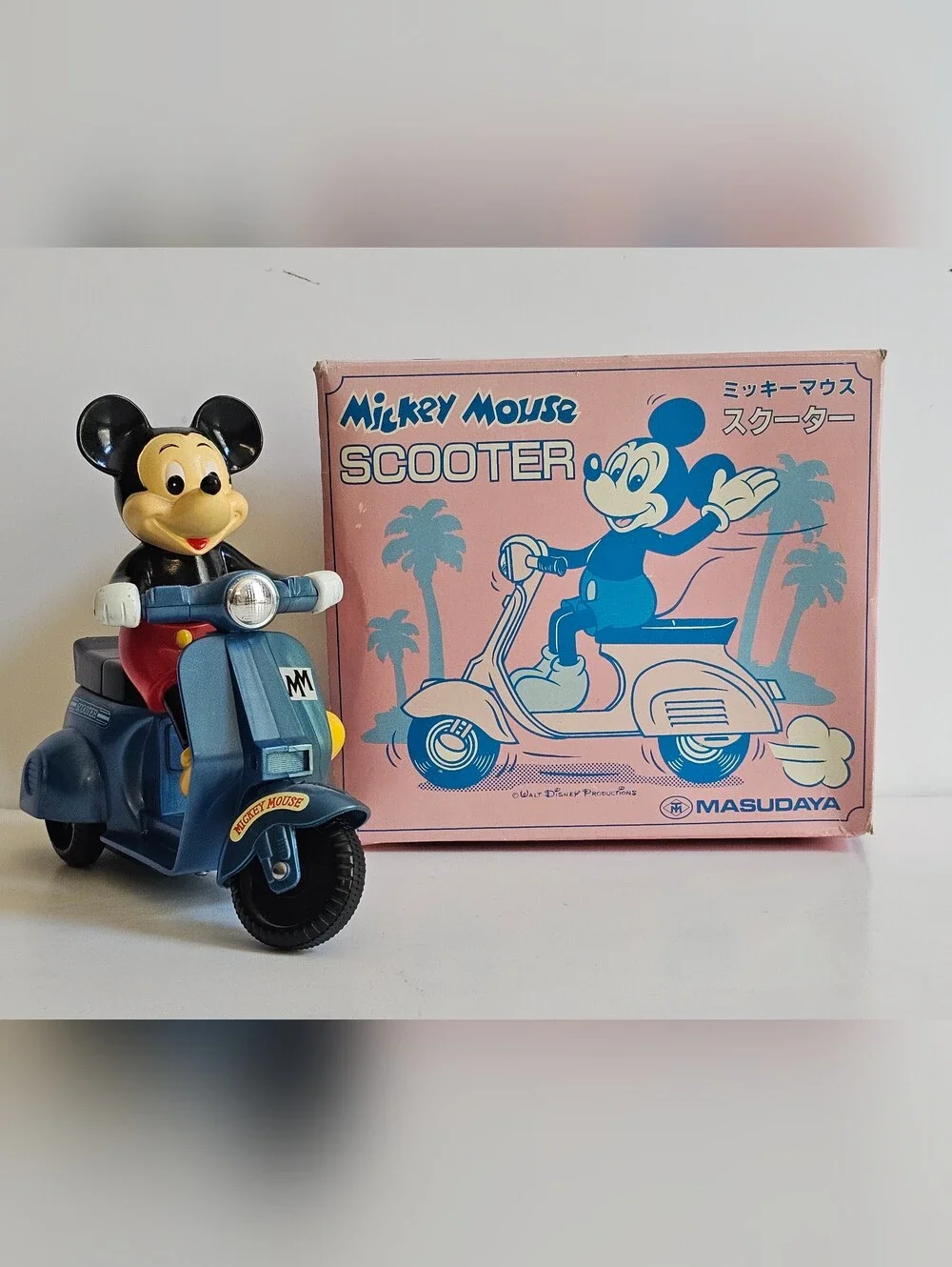 Vintage Mickey Mouse Blue Scooter Wind-up Toy Figure 1982 Masudaya Japan Disney